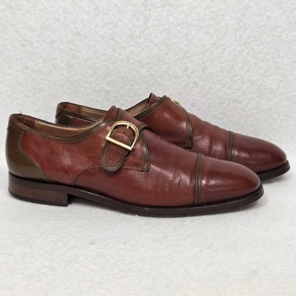 Vtg Bally Monk Strap Shoes Mens 44 Brown Two Tone Leather Cap‎ Toe Made in Italy